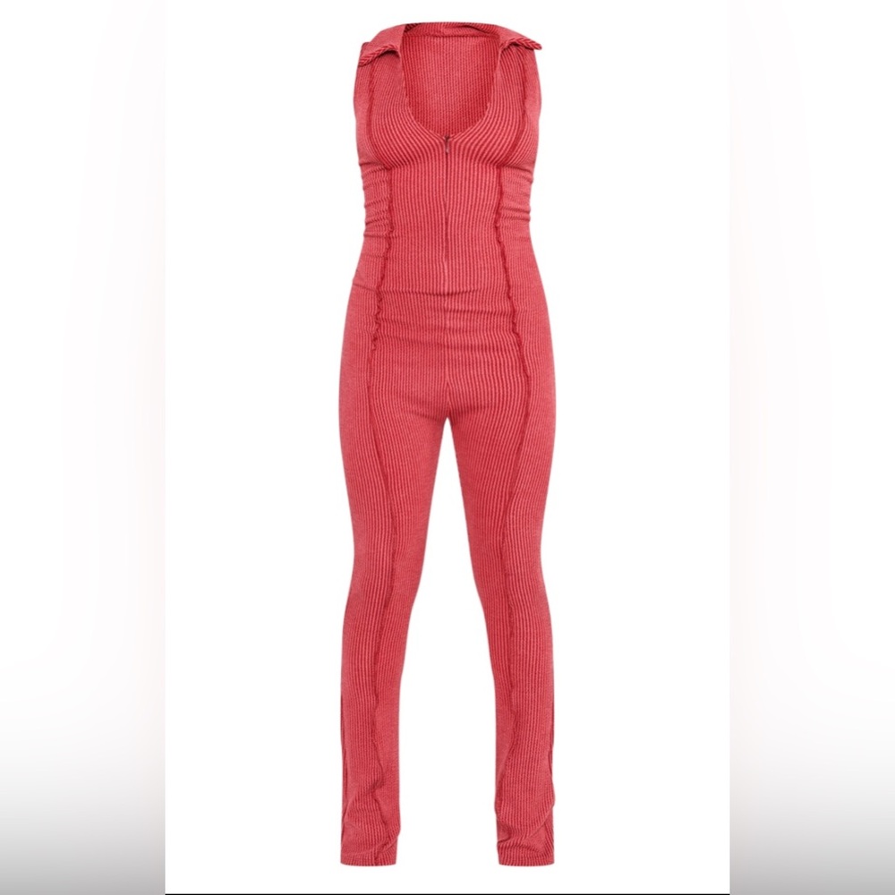 Burgundy Thick Rib Collar Jumpsuit